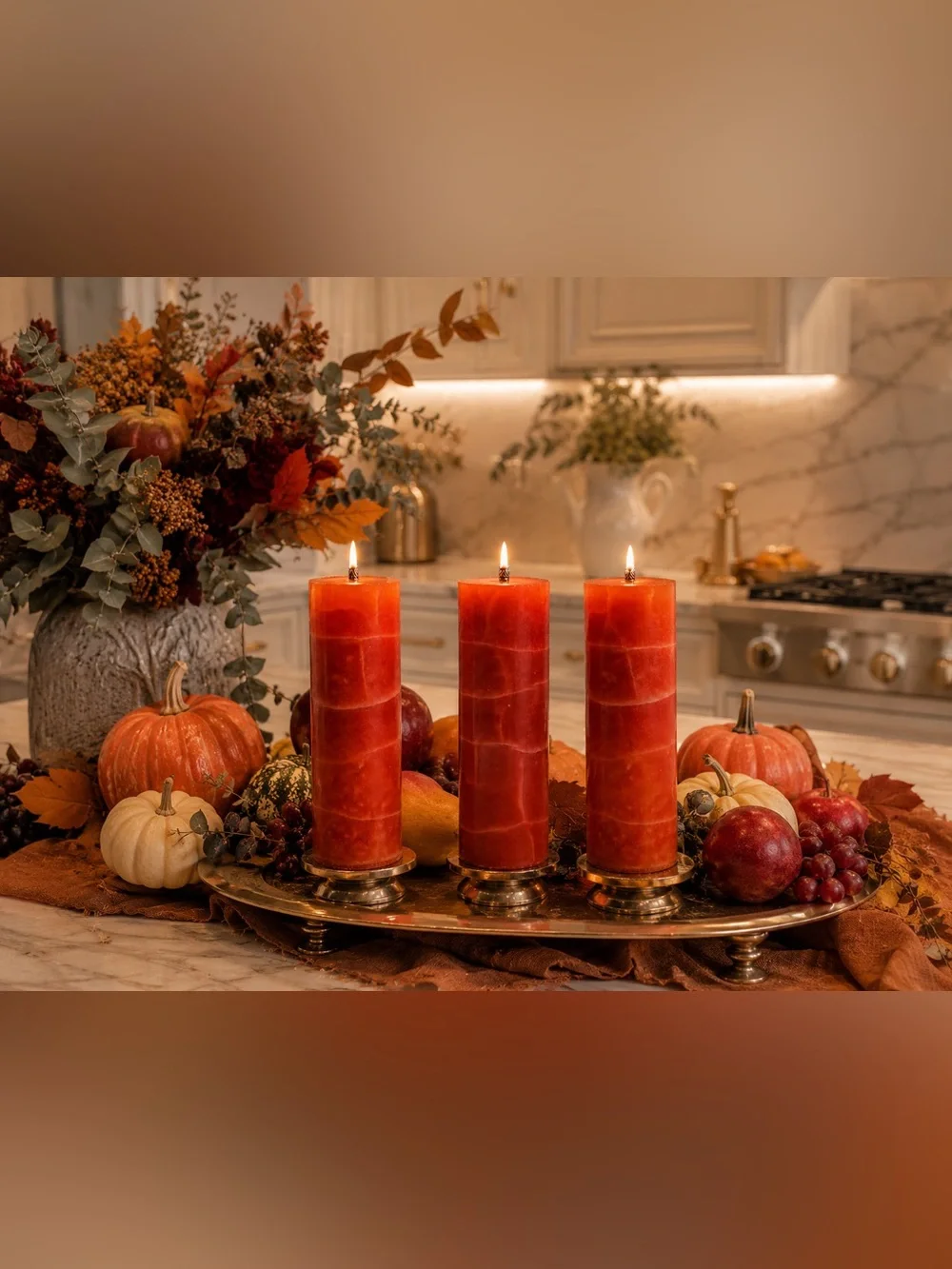 Halloween Orange Crackle Pillar Candle Set of 3 Spooky Fall Decor Gothic Autumn